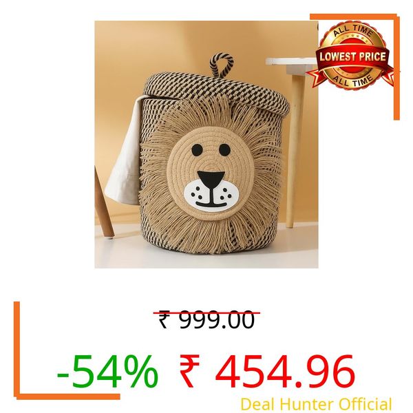 Jute Basket For Storage Cotton Rope Toys Basket With Lid Handwoven Natural Foldable Laundry Hamper for Home, Office, Living Room Size 10x10 inch (LION -BASKET)