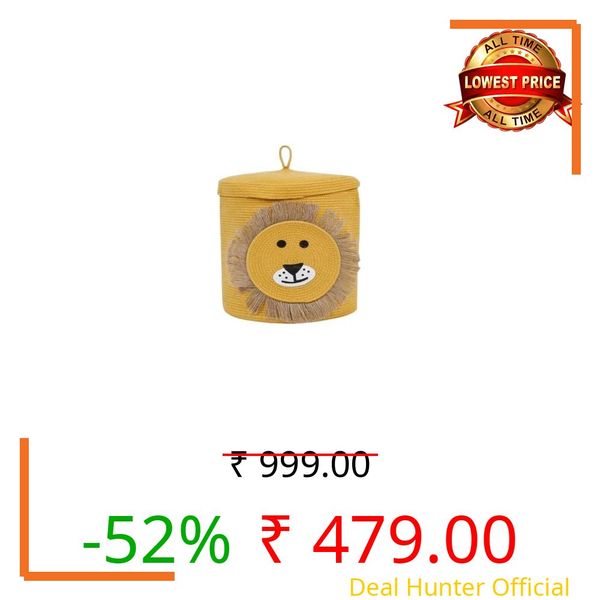 Jute Basket For Storage Cotton Rope Toys Basket With Lid Handwoven Natural Foldable Laundry Hamper for Home, Office, Living Room Size 10x10 inch (YELLOW -LION)