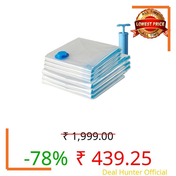 Amazon Brand - Solimo Vacuum Storage Bags For Travel | Space Saver | Airtight Reusable Ziplock With Hand Pump | Compression Storage Bag | 6-Pack (3 Large, 3 Jumbo), Polypropylene, Transparent