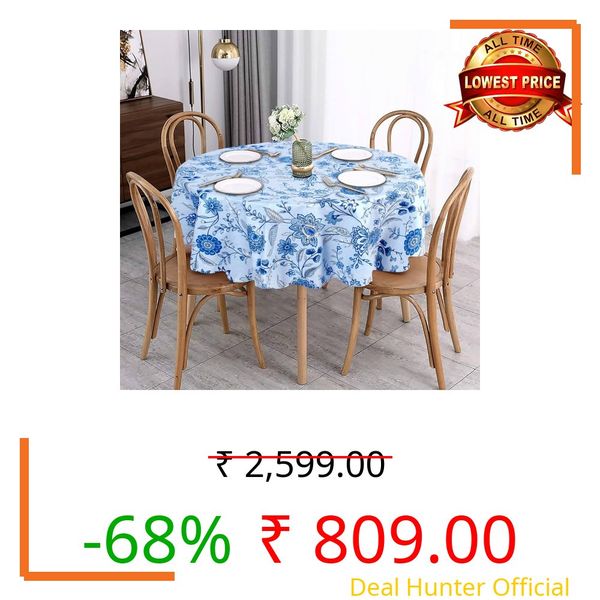 Stylista Cotton Round Dining Table Cover (WxL 90x90) in Inches - Floral Navy Blue