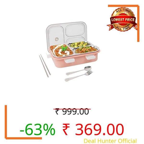 TOYTASTIC Lunch Box Sealed Leakage Proof Stainless Steel Lunch Box with Fork,Chopstick & Spoon Lid Office Food Container 3 Compartment for School Kids and Adults, 750ml (Pink)