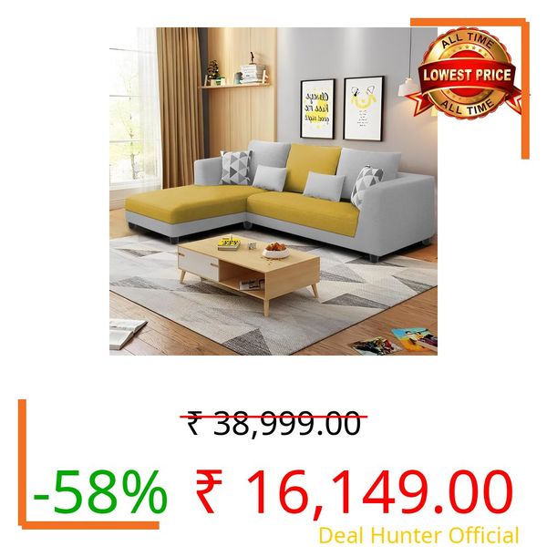 GRAPEWOOD Galib LHS 4 Seater L Shape Sofa Set for Living Room (Yellow Grey Fabric) Premium Fabric Sofa