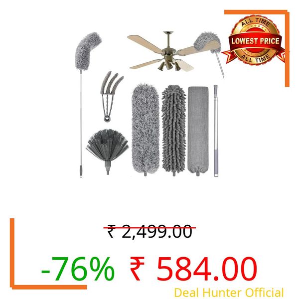6Pcs Multifunctional Microfiber High Ceiling Duster with Extension Pole 30-100 Inch with Bendable Head for Cleaning Cobweb Window Blinds Furniture Under Bed Sofa Brush - Replacement Combination Set