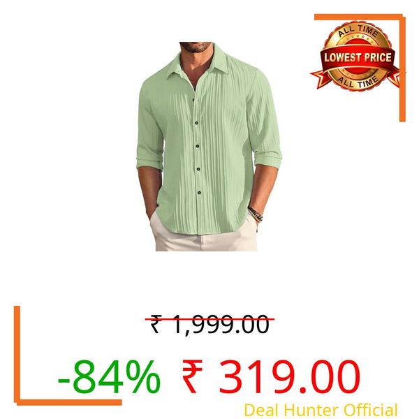 DEELMO Men's Casual Button Down Shirts Long Sleeve Linen Shirt Fashion Textured Beach Summer Shirt Light Green