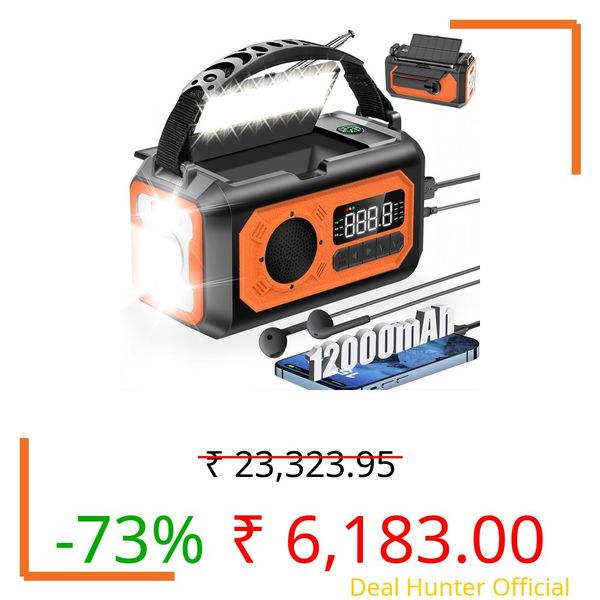 44400mWh/12000mAh Emergency Weather Radio, Hand Crank Radio Solar Radio Portable AM/FM/NOAA Radio with 2 Solar Panels 3 Charging Methods SOS Alarm 3 Mode Flashlight Phone Charger Compass Reading Lamp