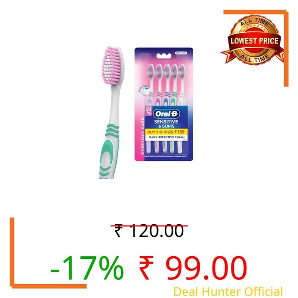 Oral-B Everyday Care Ultra Soft Toothbrush For Adults, Ultra Soft Bristles For Senstive Teeth, Tooth Brush Set, Oral B Dentist Recommended Brand (Super Saver Family Pack of 5),manual,Multi Color