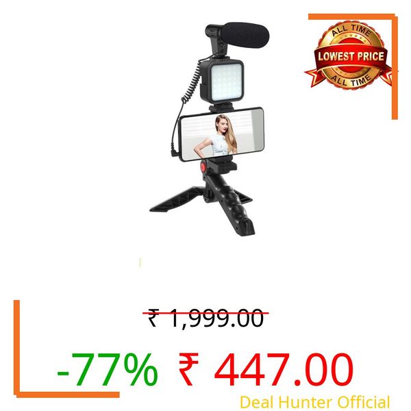 CHG Vlogging Kit 6 in 1 for iPhone, Android (with Tripod), Mini LED + Cardioid Microphone + Phone Clip + Tripod for Live Broadcasting, Video Calling, Vlogging, YouTube, Instagram