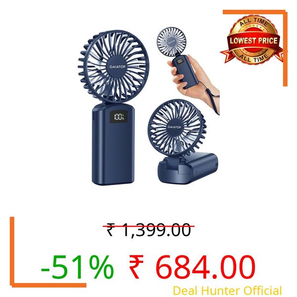 Gaiatop Powerful Hand Fan, Portable Personal Fan Handheld Fan, 3 Speed Foldable Desk Fan with Digital Display, 2000mAh USB Rechargeable Fan for Indoor Outdoor