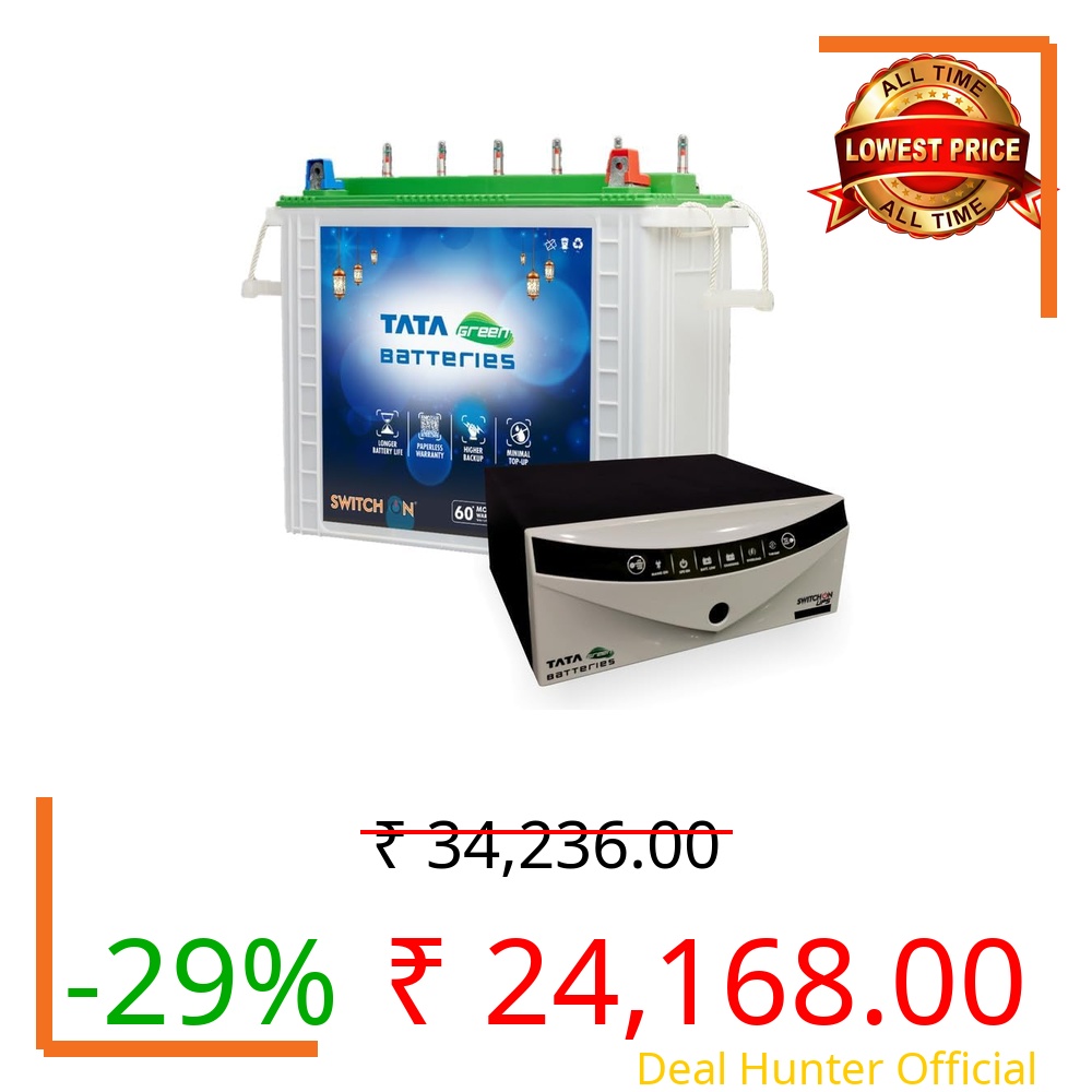 Tata Green Inverter & Battery Combo (Switch ON Pure Sine Wave 1000VA/12V Inverter INTT280072 240AH Tall Tubular Inverter Battery) for Home and Office