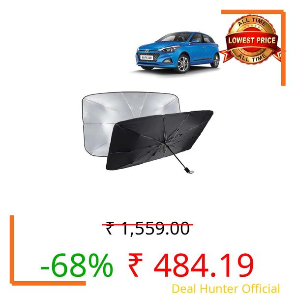 KINGSWAY® Car Sun Shade UV Protection Windshield Cover Compatible with Hyundai Elite I20, (Year 2018-2020), Foldable Size Universal Fit Umbrella Curtain for Front Window, Rear Window, Black, 1 Piece