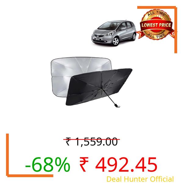 KINGSWAY® Car Sun Shade UV Protection Windshield Cover Compatible with Honda Jazz, (Year 2009-2014), Foldable Size Universal Fit Umbrella Curtain for Front Window, Rear Window, Black, 1 Piece