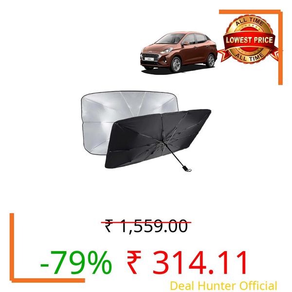 KINGSWAY® Car Sun Shade UV Protection Windshield Cover Compatible with Hyundai Aura, (Year 2020-2022), Foldable Size Universal Fit Umbrella Curtain for Front Window, Rear Window, Black, 1 Piece