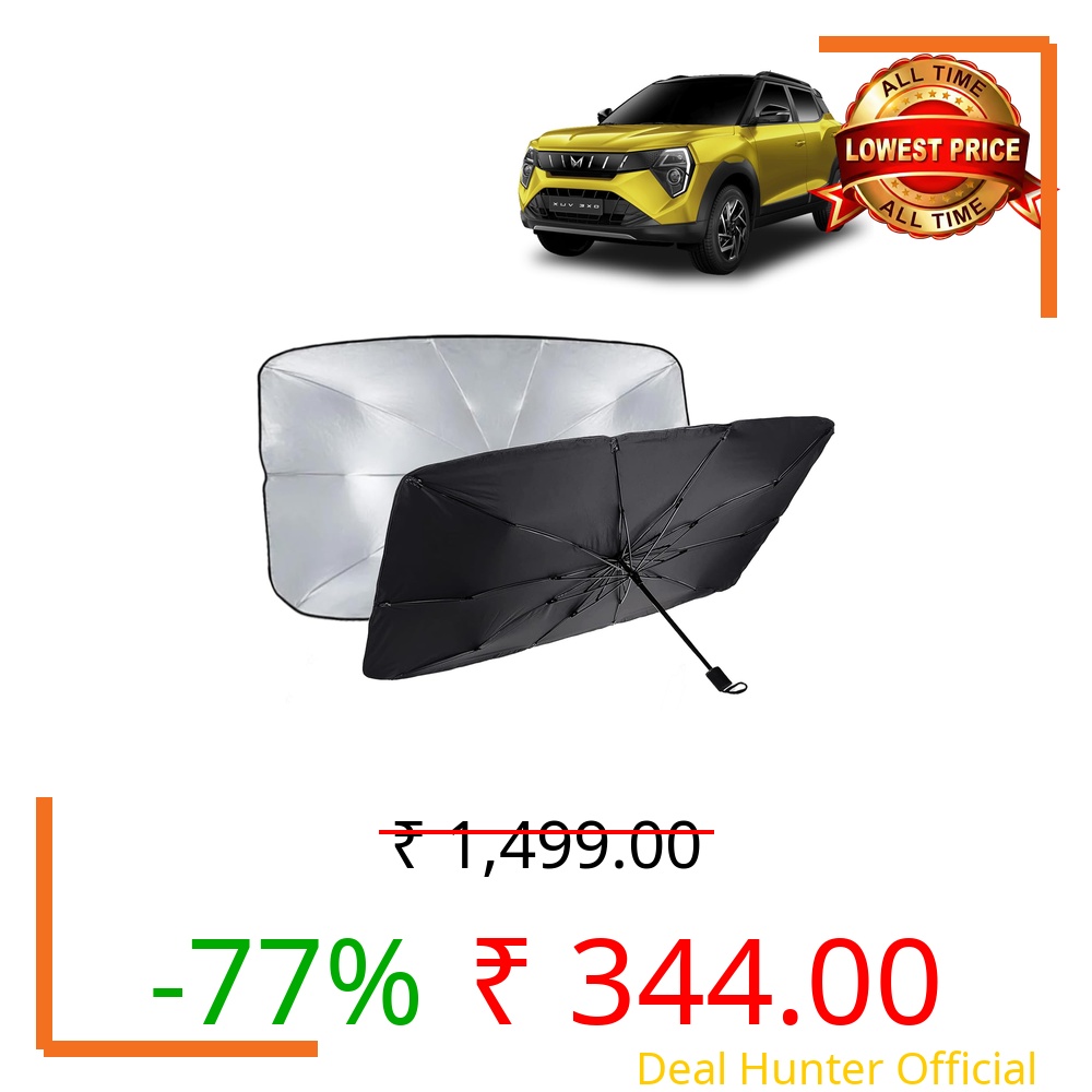 KINGSWAY® Car Sun Shade UV Protection Windshield Cover Compatible with Mahindra 3XO, (Year 2024 Onwards), Foldable Size Universal Fit Umbrella Curtain for Front Window, Rear Window, Black, 1 Piece