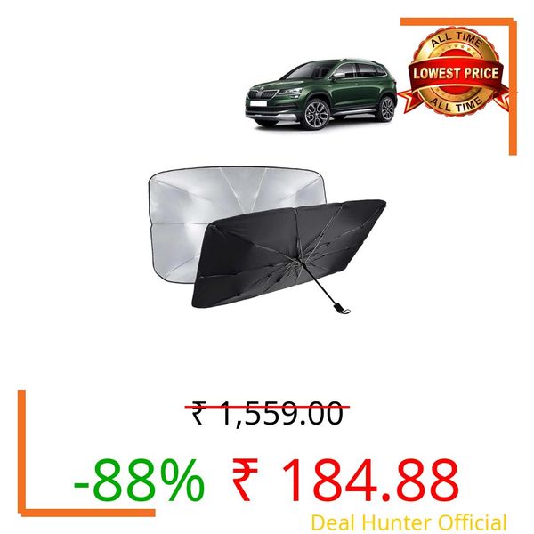 KINGSWAY® Car Sun Shade UV Protection Windshield Cover Compatible with Skoda Karoq, (Year 2020-2021), Foldable Size Universal Fit Umbrella Curtain for Front Window, Rear Window, Black, 1 Piece