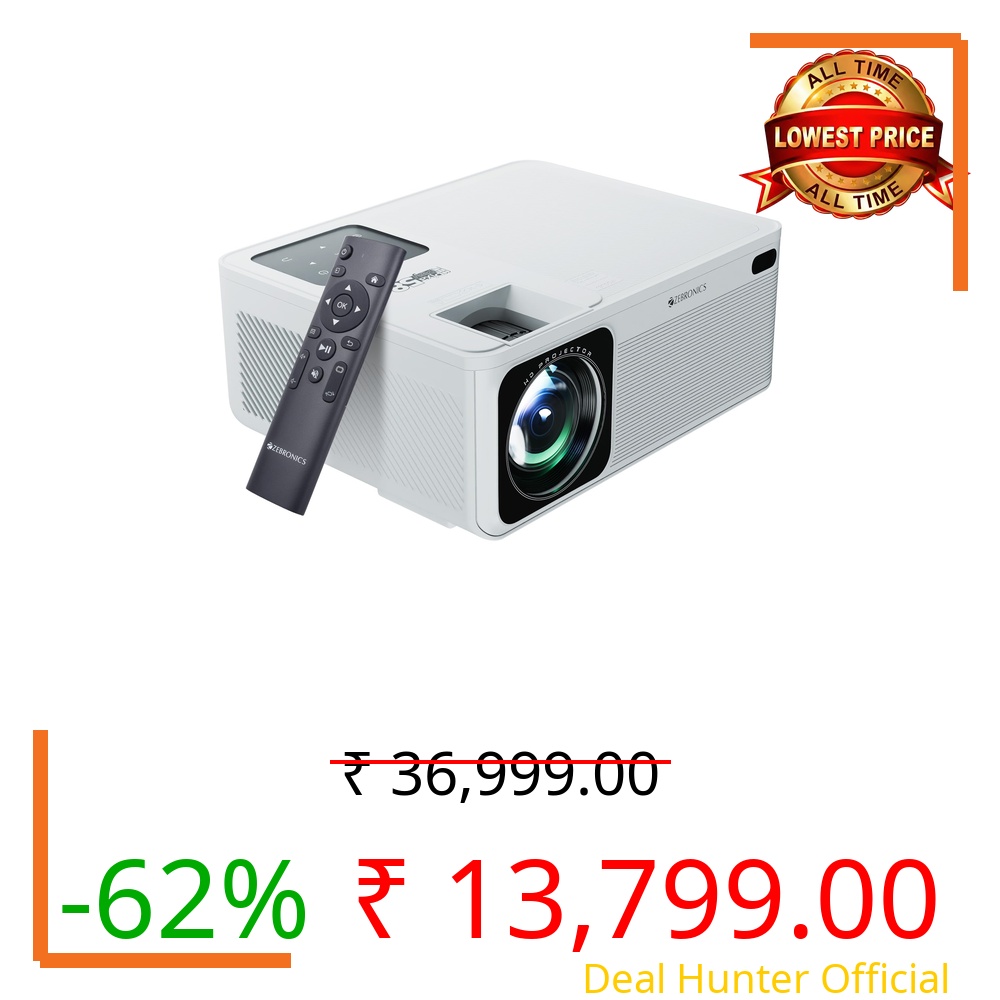 ZEBRONICS PIXAPLAY 58, Smart Projector, 11500 Lumens, 4K Support, 210 Inch Screen Size, Quad Core Processor, Bluetooth, HDMI, USB, WiFi, AUX, 1080p Native, APP Support, Miracast