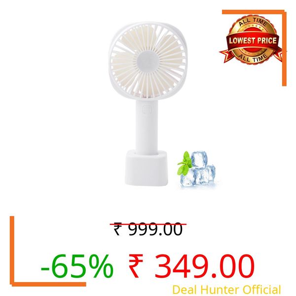 Exxelo 10 Year Warranty Mini Portable USB Hand Fan Rechargeable Battery Operated Personal Table Fan with Standing Holder Handy Pocket Base Suitable for Kids, Women, Makeup Artist, Home (White Color)