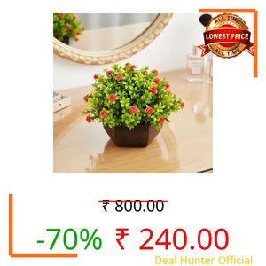 fancymart Artificial Flower Leaves in Wood Hexagon Pot - Red - 14cm Height - Home & Office Decor Elegant Potted Plant for Tabletop Enhancement