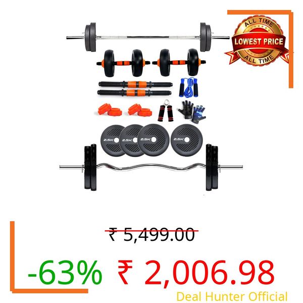 WATSON Premium Home Gym Set for Men & Women, Home Gym Combo with Rubber Weight Plates, 25mm 3Ft Curl bar, 3Ft Straight Bar, Hard PVC Dumbbell Rods, Gripper, Skipping Rope & Gym Gloves (10 KG Combo)