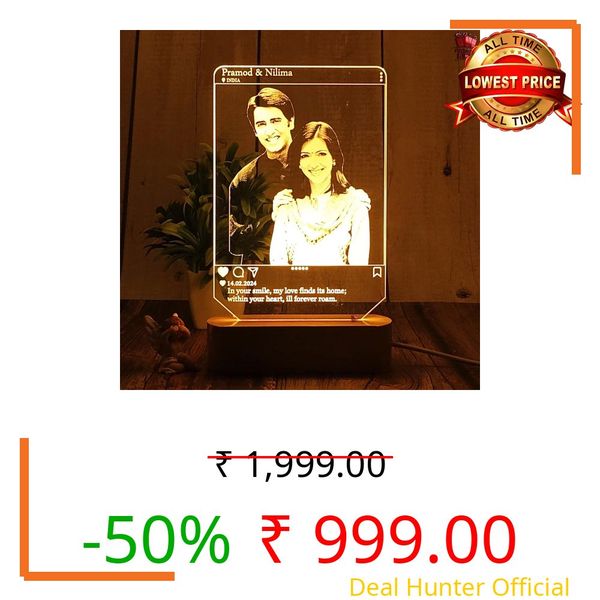 Artistic Gifts Acrylic Handcrafted Personalized 3D Illusion Photo Lamp for Couples| Customized Photo Frame Night Lamp Wedding Anniversary Gift for Valentine, Couple, Wife, Husband, Parents, Friends.
