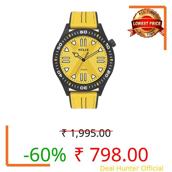 Helix by Timex Analog Watch for Man with Yellow Round Dial & Yellow Leather Strap Band Water Resistant Men's Wrist Watches - TW052HG05