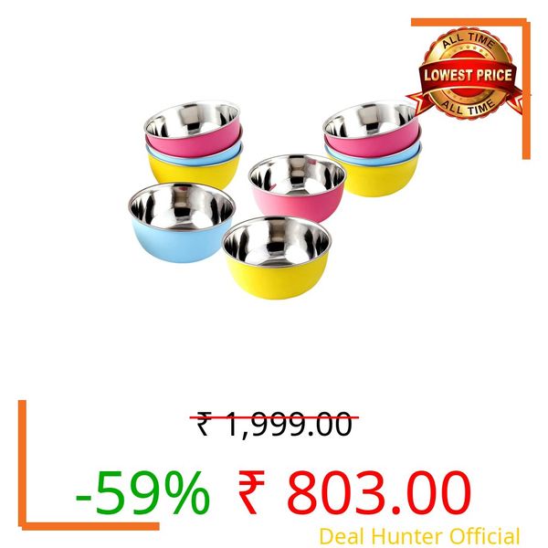 Zaib Stainless Steel Microwave Safe Bowls Set of 9 | Multipurpose Mixing, Salad, Fruit, Snack & Dessert Bowls | 600 ml Each | 14 cm | No Lid (14 CM- 9 Pcs Multicolor)