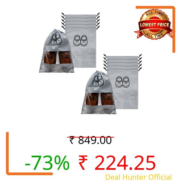 Heart Home Pack of 12 Travel Shoe Storage Bags | Clear Window Pouch With Drawstring Organizer | Plain Grey