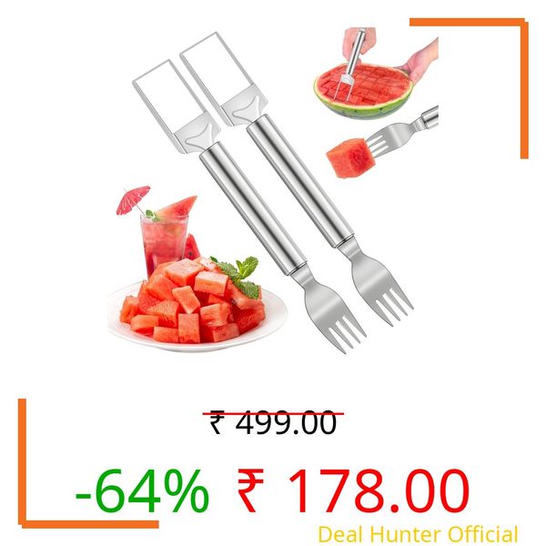 2Pcs Watermelon Cutter Slicer Tool, Stainless Steel 2-in-1 Watermelon Fork Slicer, Portable Watermelon Fork Watermelon Cutter Slicer Tool Fruit Forks Slicer for Home Party Camping Kitchen (2, Silver)