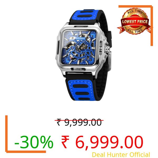 FORSINING Men's Waterproof Skeleton Stylish Watch Automatic Steampunk Self Winding Silicone Strap Luminous Square Wrist Watch, Blue, Contemporary