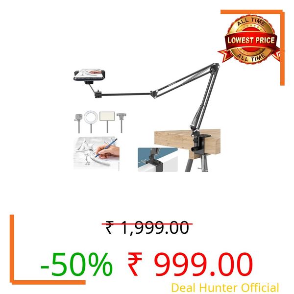 BROLAVIYA Overhead Video Mobile and Tablet Stand, New Extra Long Arm, 1/4" Head 2 Way Base clamp, and Brackets for Mobile Phone and Tablet, for Overhead Video, Desktop, Bedroom, Office, Black