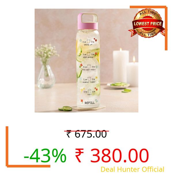 Borosil 1L Neo Motivational Time Marker Bottle with Husk Lid | Borosilicate Glass Wide Mouth AM PM Bottle for Fridge | Extreme Temperature Resistant For Hot & Cold Water (Pink Husk Lid)