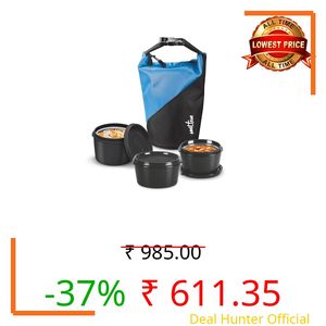 MILTON Micro Meal Mega Lunch Box, 3 Microwave Safe Inner Steel Round Containers (450ml, 2 X 320ml Each) with Insulated Bag, Odour Proof Tiffin for Office, Leak-Proof Container, Easy to Carry, Blue