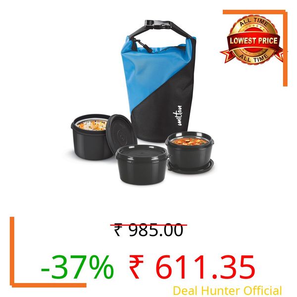 MILTON Micro Meal Mega Lunch Box, 3 Microwave Safe Inner Steel Round Containers (450ml, 2 X 320ml Each) with Insulated Bag, Odour Proof Tiffin for Office, Leak-Proof Container, Easy to Carry, Blue