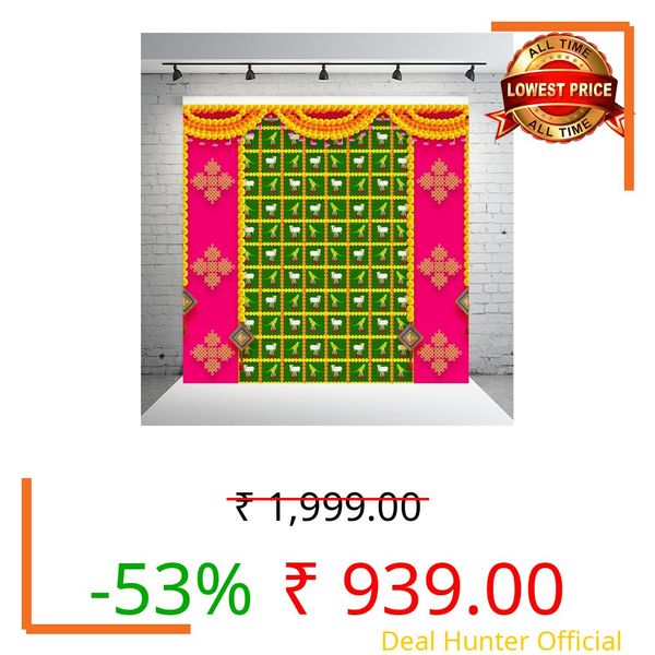 DHARA CREATION Pink Rangoli Cow and Parrot Printed (8FT-8FT) Backdrop Cloth for Pooja Functions, Traditional Background Curtain Cloth for Festival -Washable Fabric