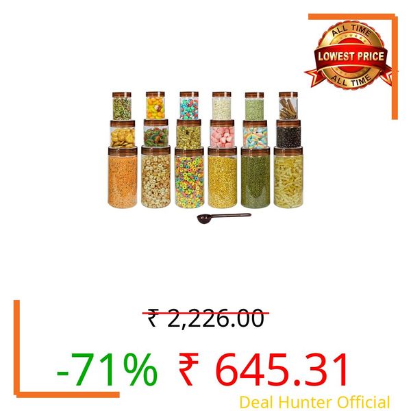 PEARLPET Container Set for Kitchen Storage with Spoons, Pack Of 18 Pcs 200 Ml, 500 Ml, 1400 Ml Suitable For Rack, Spices, Fridge, Brown