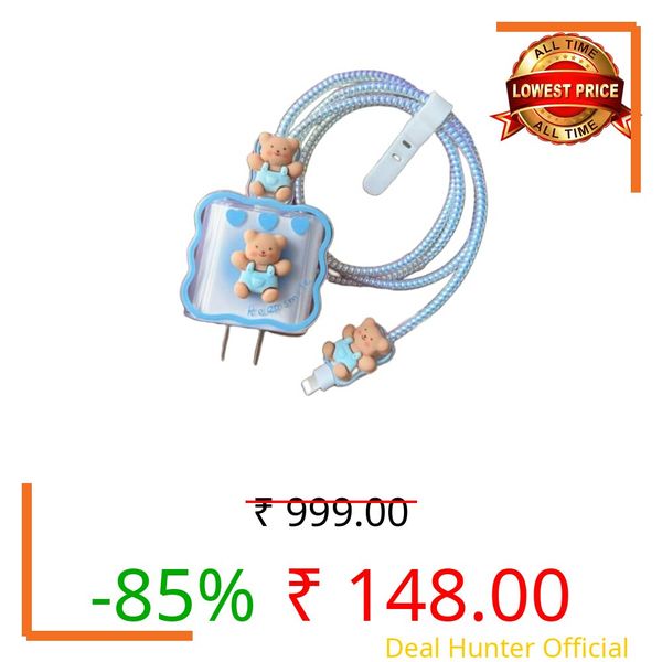 BH BEST HUB Cable Protector with 3D Cute Pattern for iPhone Charger only 18W & 20W, Data Line Wire Saver Charging Cable Charger Protective Cable,Full Protection Cover (Blue-Teddy)