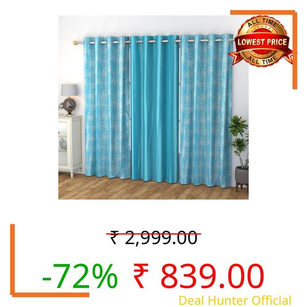 GOYCORS Flower Printed Polyester Long Door Curtains 9 feet Long Set of 3 Curtain, (Aqua 4 feet x 9 feet)