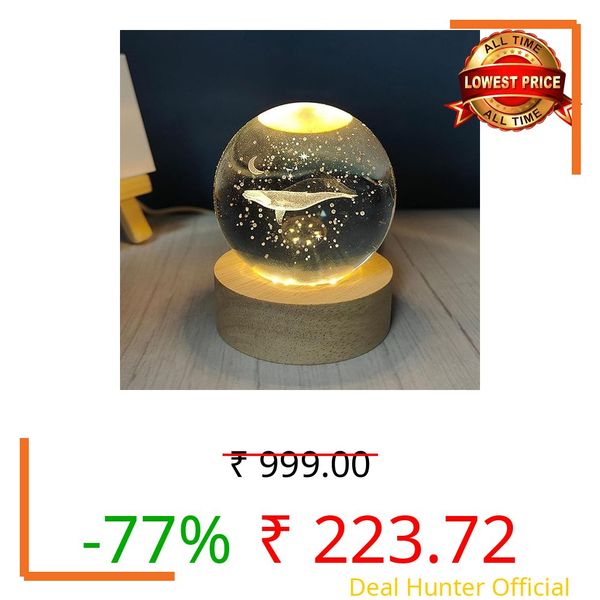 Desidiya Whale 3D Crystal Ball Night Light with Wooden Base - LED USB Table Lamp for Kids, Teens, and Home Decor