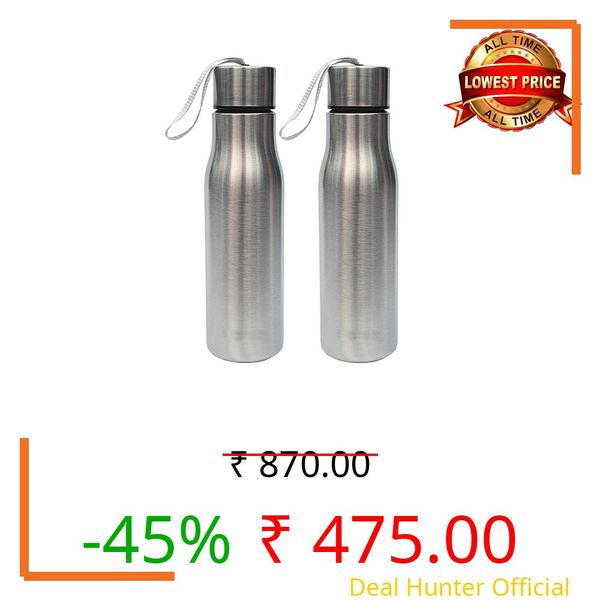 Steel Water Bottle for School, Gym, Office, Travel (1 Litre x 2 bottle combo set) / Single walled, Leak-Proof, Rust-free Steel Bottle, Strap, Easy to Carry, Travel Bottle, Silver