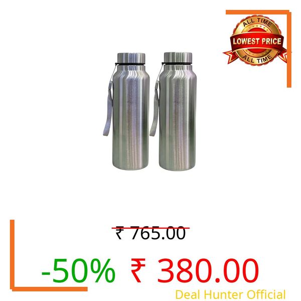2 pcs of Steel Water Bottle for School, Gym, Office, Travel (750 ml x 2 bottle combo set) / Single walled, Leak-Proof, Rust-free Steel Bottle, Strap, Easy to Carry, Travel Bottle, Silver