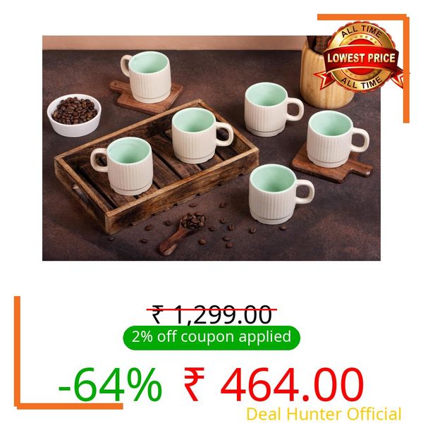 IZZYLYF 'BrewNest Classic Green' Ceramic Tea Cups Set of 6 (200 ml Each) with Handle | Microwave & Dishwasher Safe Chai & Coffee Cups | Small Tea Mug Set for Home, Kitchen, Office, Cafe & Gifting