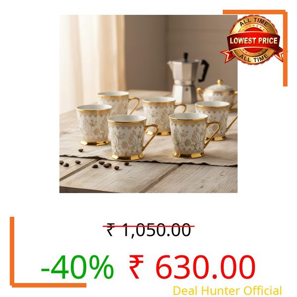 Femora Premium Golden Leaf Ceramic Royal Crowned Coffee & Tea Cup Set of 4, 180 ML