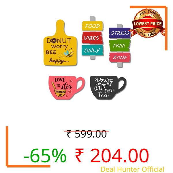 Regalo Casila Fridge Magnet Printed MDF Wooden Tea Food Quotes Funny & Intellectual Magnetic Sticker - Set of 5