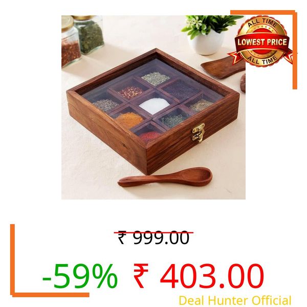 KARAFT WILA Spice Box With 1 Spoon - Sheesham Wood Masala Dabba Organizer for Kitchen - 9 Containers - Decorative Handmade, Brown