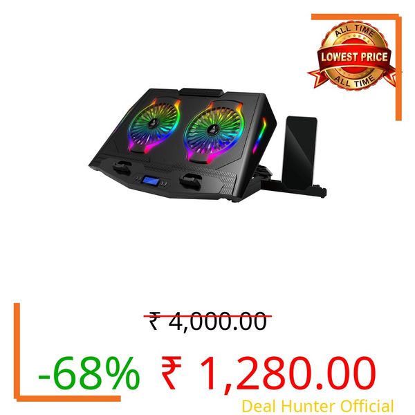 TAG Gamerz Thunder Laptop Cooling Pad – 2 Silent RGB Turbo Fans, 7 RGB Modes, Detachable Mobile Holder, 17 inch Notebook Support, 5 Level Height Adjustment, LCD Display, Dual USB Hub, Antislip Baffle