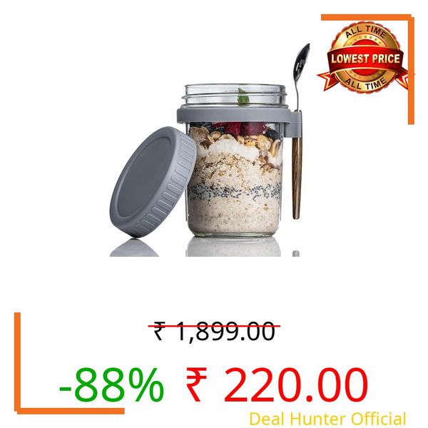 PrimeWorld 350 ml Oats Container With Lids And Spoon set of 1 pc Glass Mason Jars For Overnight Oats Leak Proof Container with Measurment For Cereal Fruit Vegetable Milk Salad Yogurt (random color)