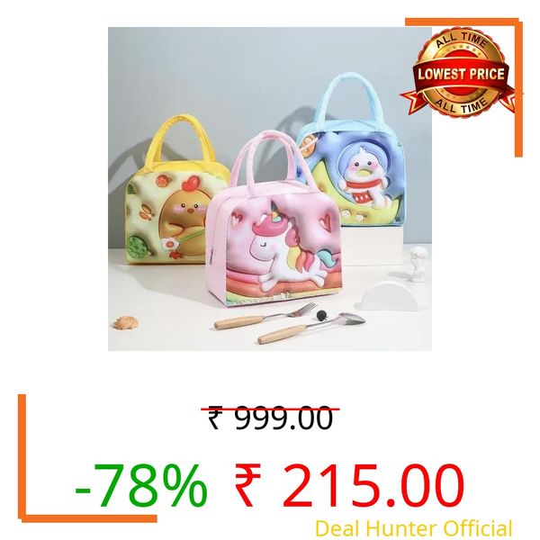 2 Pcs Cartoon Printed Insulated Lunch Storage Hand Bag | Cute Cartoon Lunch Bag for School, Picnic, Office, Outdoor, Travel | Useful for Kids, Men & Women (Design and Color May Vary)