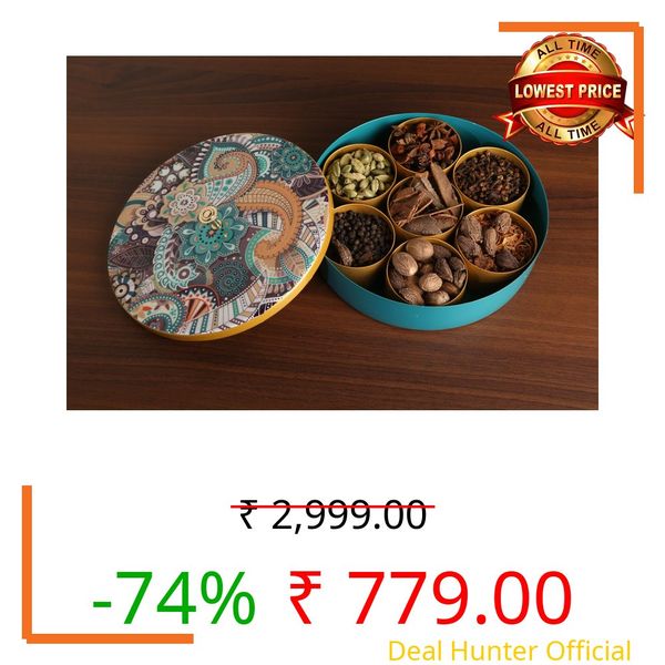 R Ayurveda Copper Metal Magnetic Steel Handcrafted Spice Box Set For Kitchen With Spoon (7 Containers, 40 Ml each) - Masala Box size 8 Inches diameter For Kitchen and Candy organization