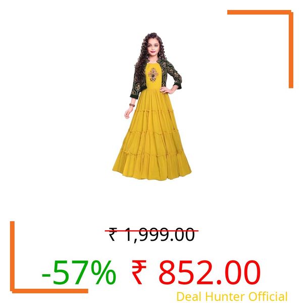 White Button Girls Jacket Style Gown | Designer Embroidered Maxi Dress for Weddings Yellow