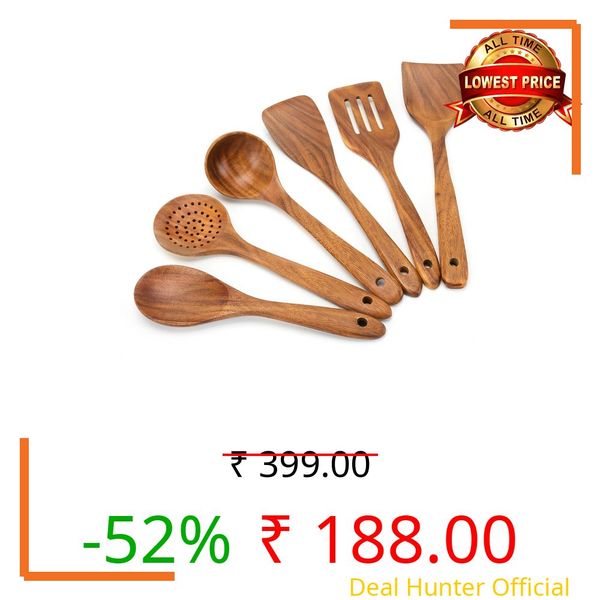EZuncle 6 Piece Wooden Cooking Spoon Set - Ideal for Non-Stick Pans, Heat Resistant Solid Wood, Smooth Teak Cutlery for a Comfortable Grip - Lightweight and Durable - Easy to Clean(6 PCS Large)