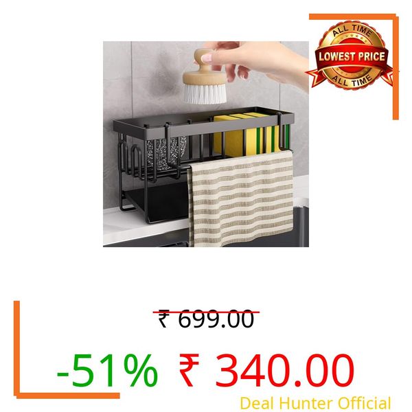 Kitchen Sink Organiser Sponge Holder - Kitchen Sink Organiser with Removable Dish Cloth Holder, Metal Sink Organiser with Automatic Drain Pan, Can Be Hung on the Wall (Black)